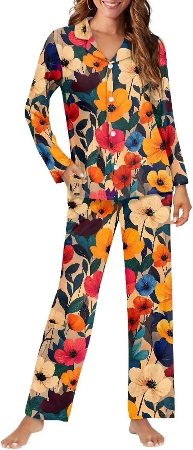 Irisjudy Women's Pajama Sets Button Down Sleepwear with Pocket, Strawberry Flowers 2 Piece Cozy Loungewear Sweater Sets