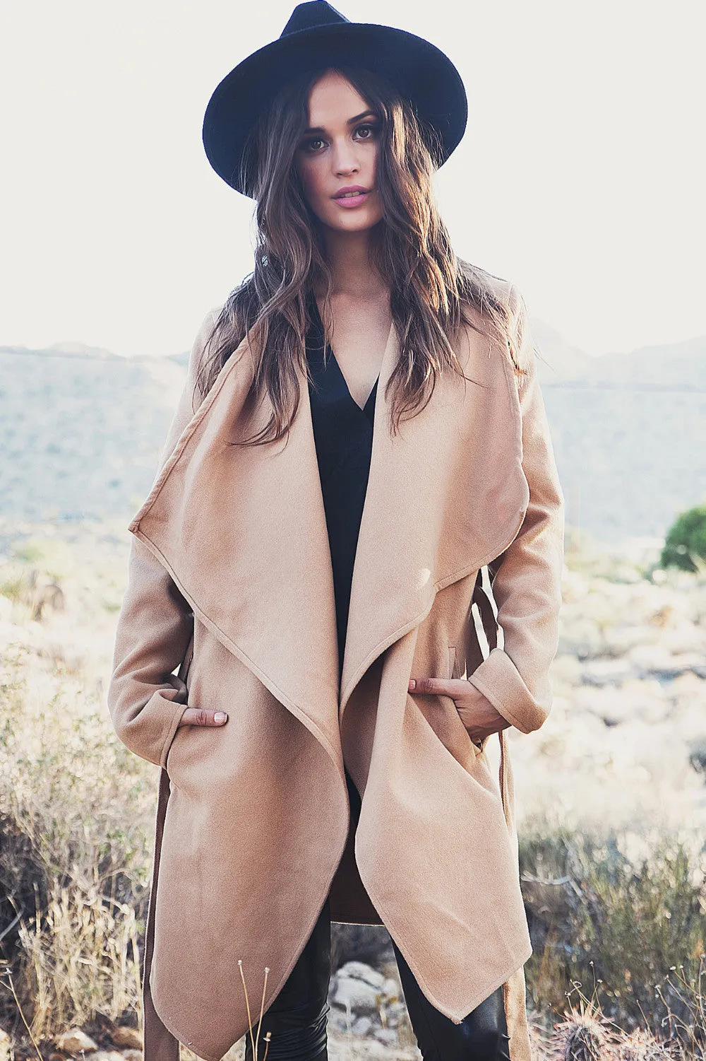 Khaki Long Sleeve Lapel Pockets Long Coat