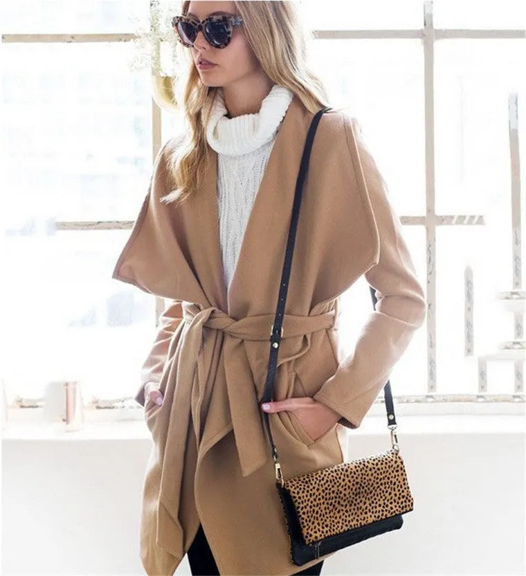 Khaki Long Sleeve Lapel Pockets Long Coat