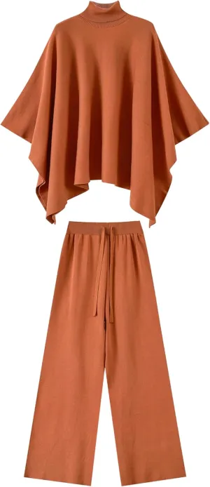 Knitted Poncho Pants Set Cozy Turtleneck Loungewear Outfit Wide Leg Pants Women Rust Toned Autumnal Chic