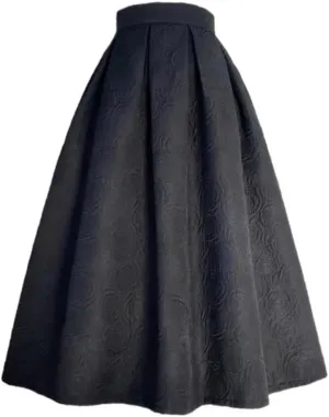 Korean Autumn Winter Vintage Elegant Black Embossed Embroidery High Waist Long Pleated Midi Skirt