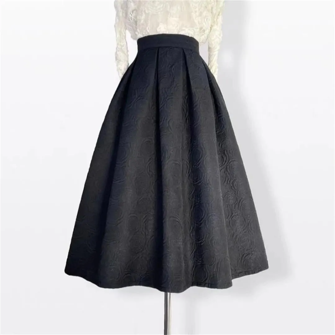 Korean Autumn Winter Vintage Elegant Black Embossed Embroidery High Waist Long Pleated Midi Skirt