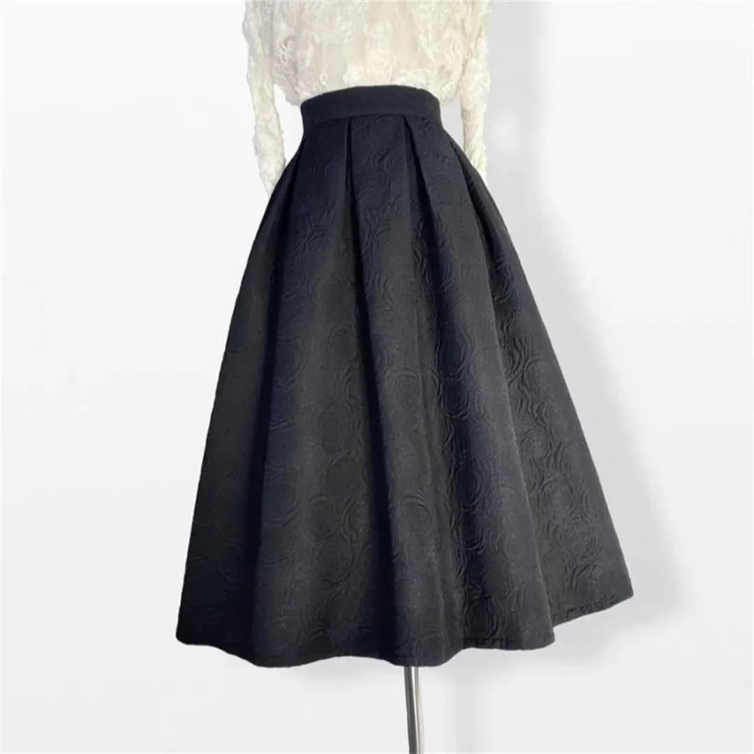 Korean Autumn Winter Vintage Elegant Black Embossed Embroidery High Waist Long Pleated Midi Skirt