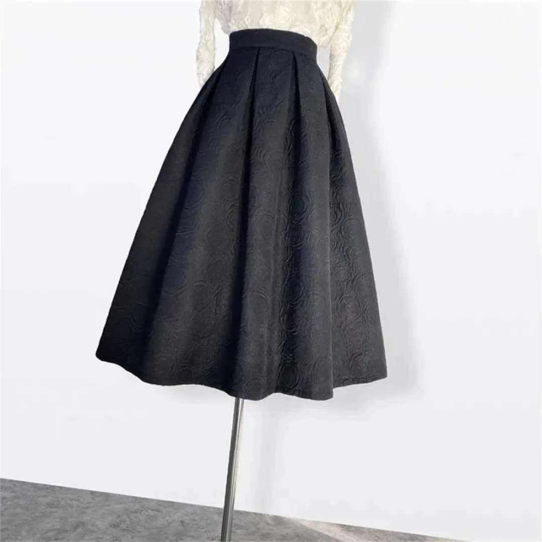 Korean Autumn Winter Vintage Elegant Black Embossed Embroidery High Waist Long Pleated Midi Skirt