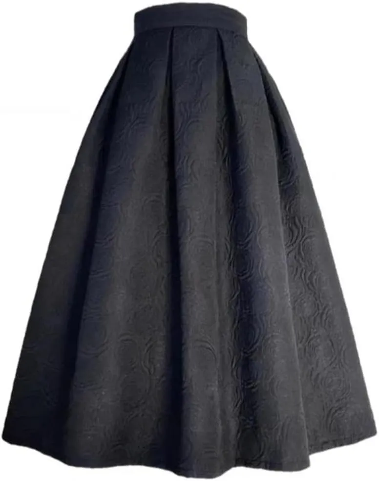 Korean Autumn Winter Vintage Elegant Black Embossed Embroidery High Waist Long Pleated Midi Skirt