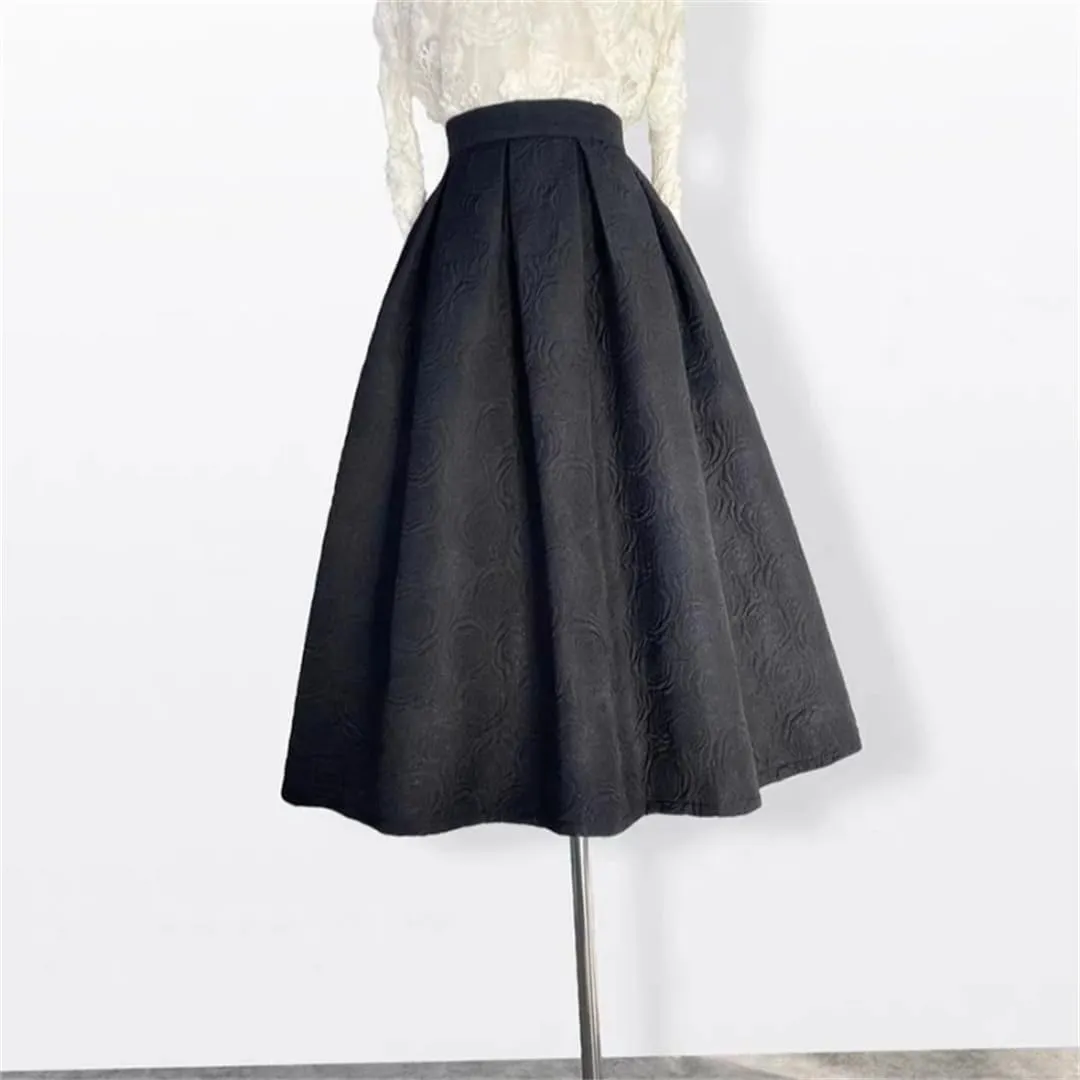 Korean Autumn Winter Vintage Elegant Black Embossed Embroidery High Waist Long Pleated Midi Skirt