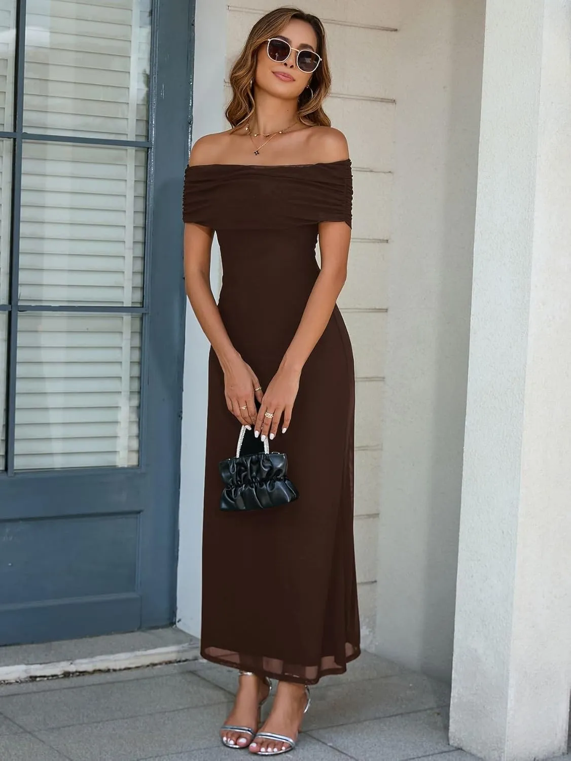 KUTUMAI Women Off Shoulder Bodycon Maxi Long Dress Mesh Ruched Elegant Formal Wedding Guest Dresses