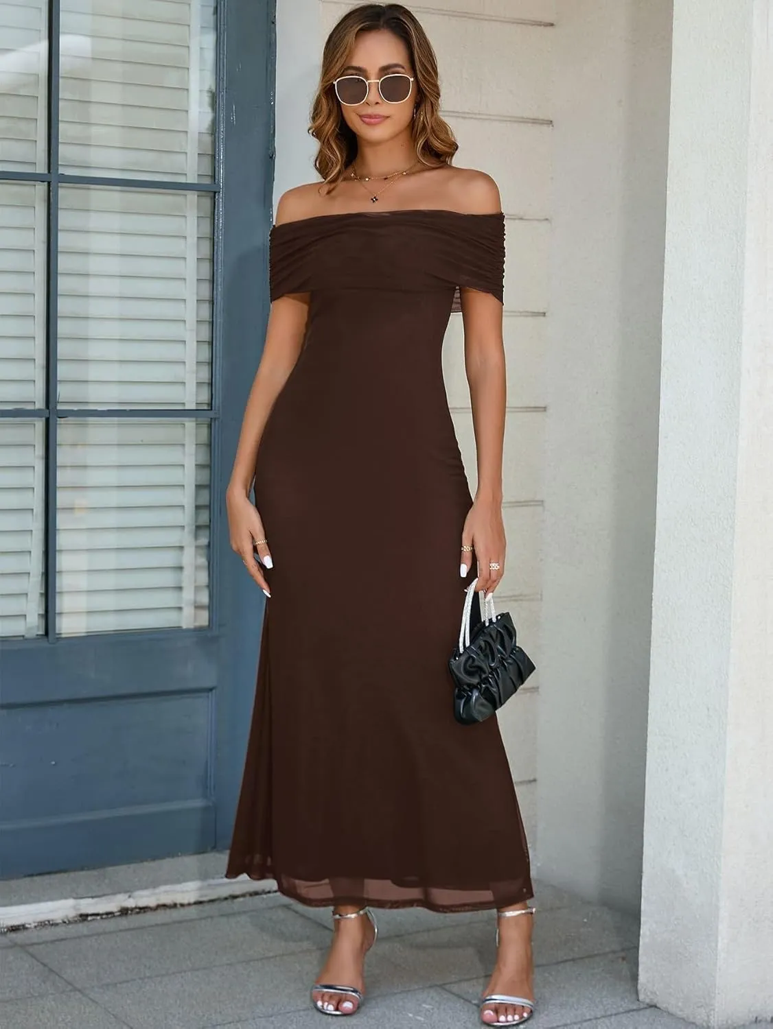 KUTUMAI Women Off Shoulder Bodycon Maxi Long Dress Mesh Ruched Elegant Formal Wedding Guest Dresses