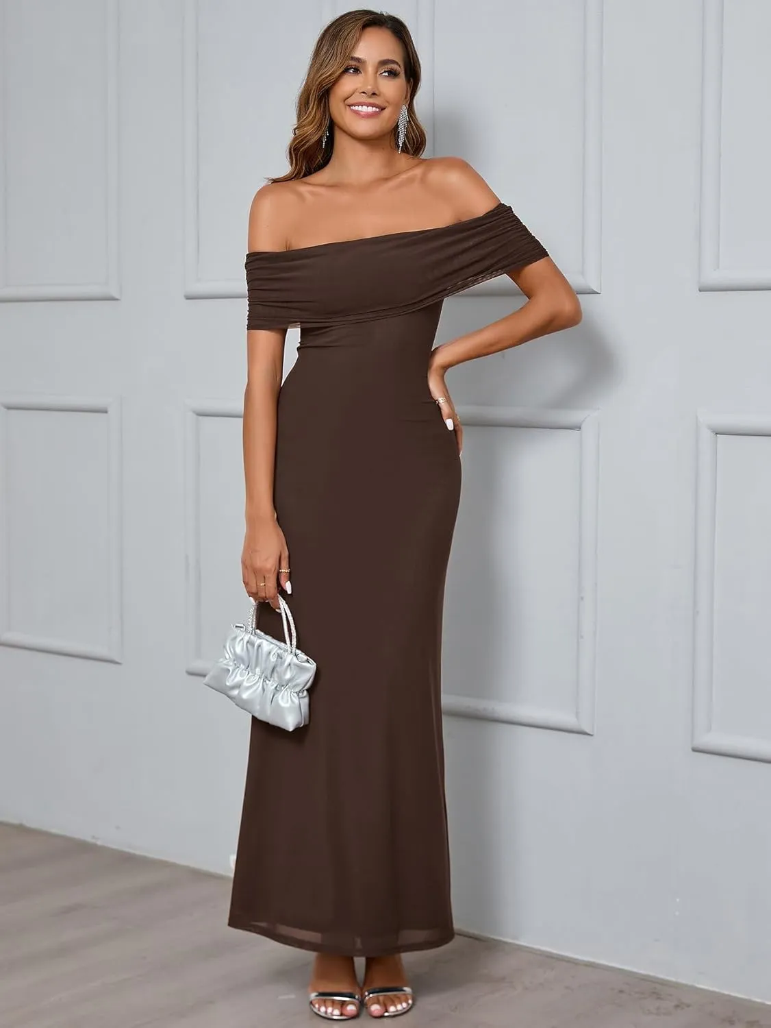 KUTUMAI Women Off Shoulder Bodycon Maxi Long Dress Mesh Ruched Elegant Formal Wedding Guest Dresses