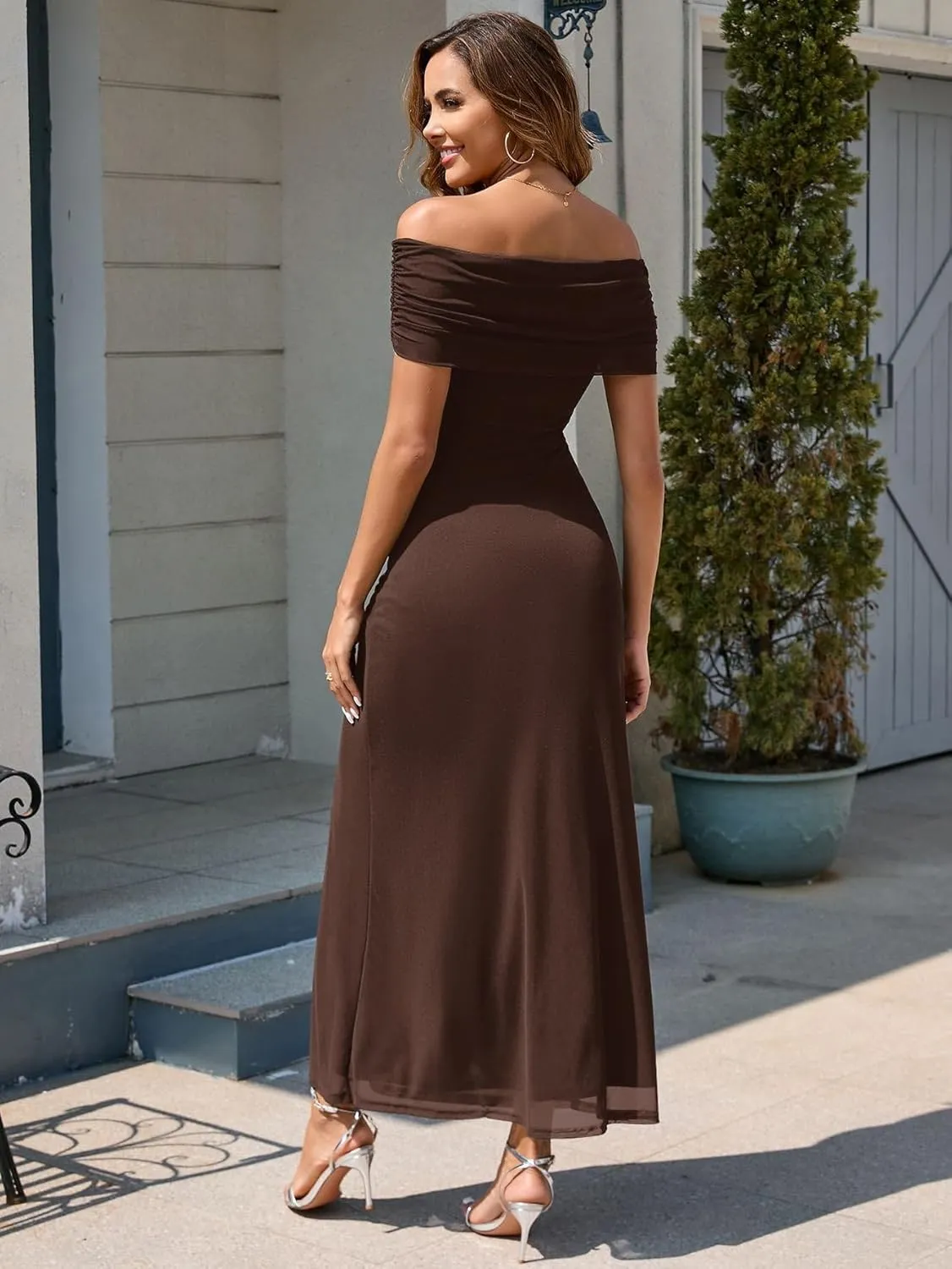 KUTUMAI Women Off Shoulder Bodycon Maxi Long Dress Mesh Ruched Elegant Formal Wedding Guest Dresses
