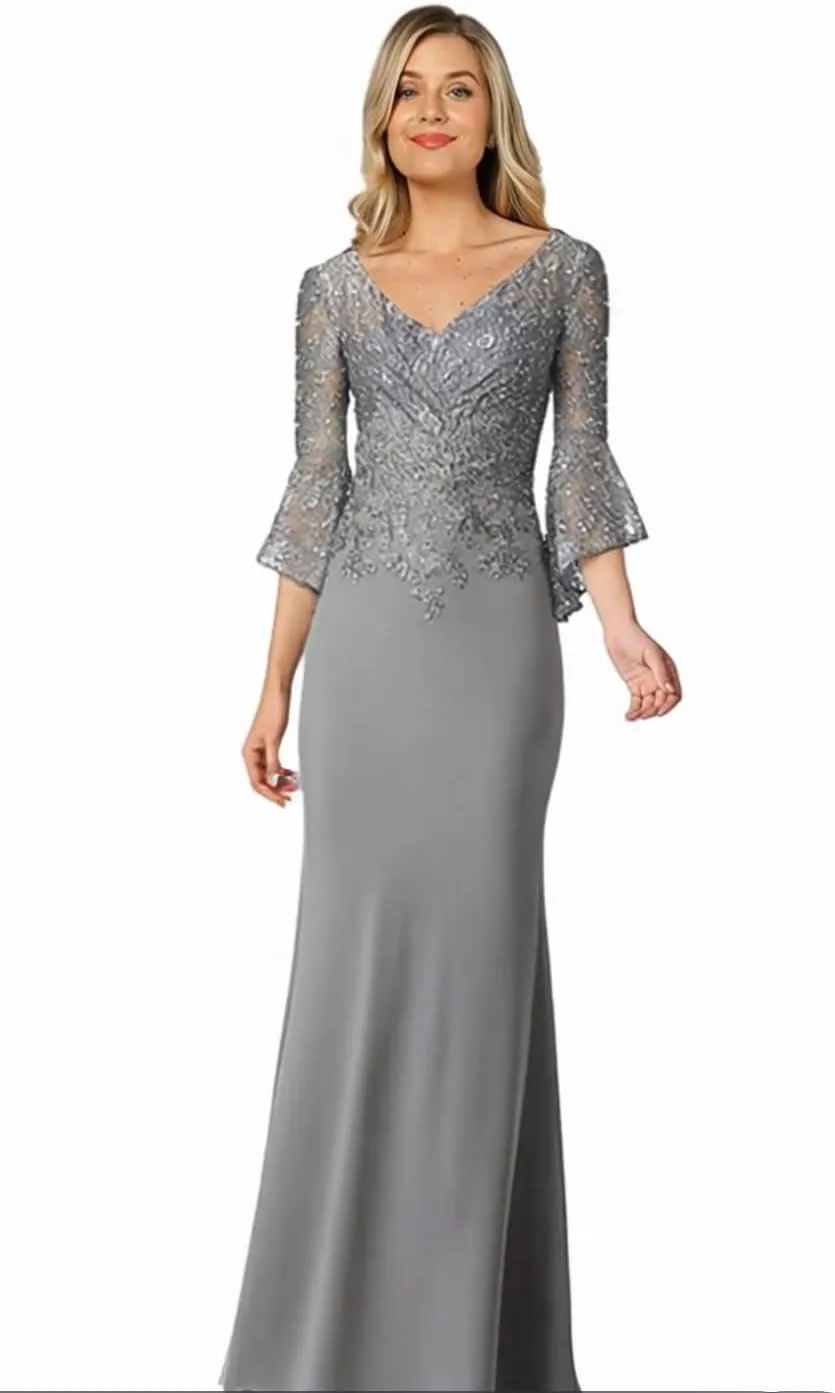 Lace Applique Mermaid Mother of The Bride Dresses with Sleeves Chiffon Formal Dress Empire Waist Evening Dresses for Women