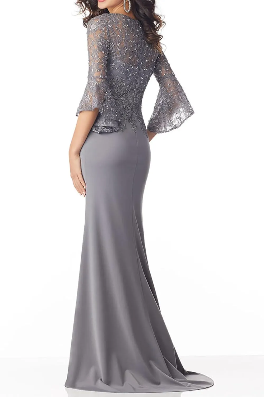Lace Applique Mermaid Mother of The Bride Dresses with Sleeves Chiffon Formal Dress Empire Waist Evening Dresses for Women