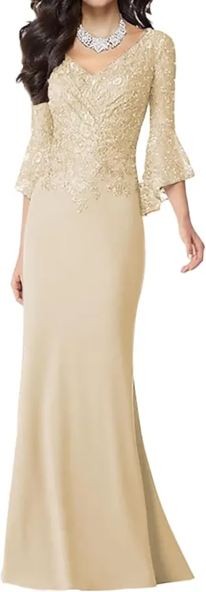 Lace Applique Mermaid Mother of The Bride Dresses with Sleeves Chiffon Formal Dress Empire Waist Evening Dresses for Women