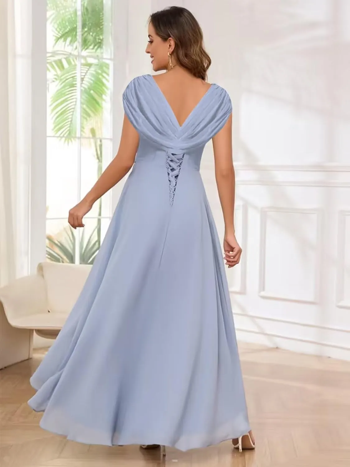 Lace Mother of The Bride Dresses for Wedding Chiffon Mermaid Cap Sleeve Long Formal Dresses for Women