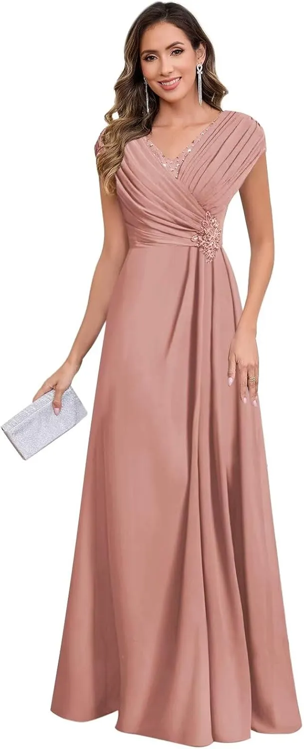 Lace Mother of The Bride Dresses for Wedding Chiffon Mermaid Cap Sleeve Long Formal Dresses for Women