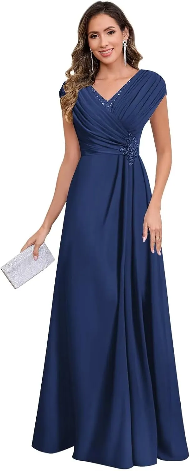 Lace Mother of The Bride Dresses for Wedding Chiffon Mermaid Cap Sleeve Long Formal Dresses for Women