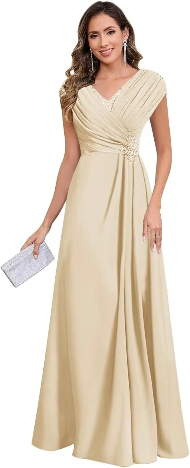 Lace Mother of The Bride Dresses for Wedding Chiffon Mermaid Cap Sleeve Long Formal Dresses for Women