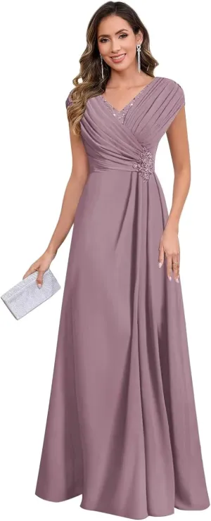 Lace Mother of The Bride Dresses for Wedding Chiffon Mermaid Cap Sleeve Long Formal Dresses for Women
