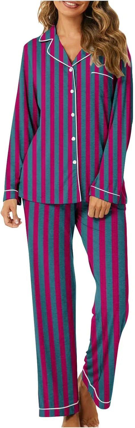 Lastesso Womens Pajama Sets Fashion Vertical Stripe Pajamas V Neck Button Shirts Wear and Soft Pants Casual 2 Piece Outfits
