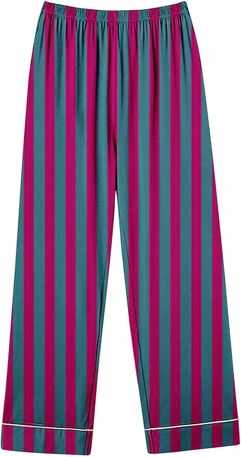 Lastesso Womens Pajama Sets Fashion Vertical Stripe Pajamas V Neck Button Shirts Wear and Soft Pants Casual 2 Piece Outfits