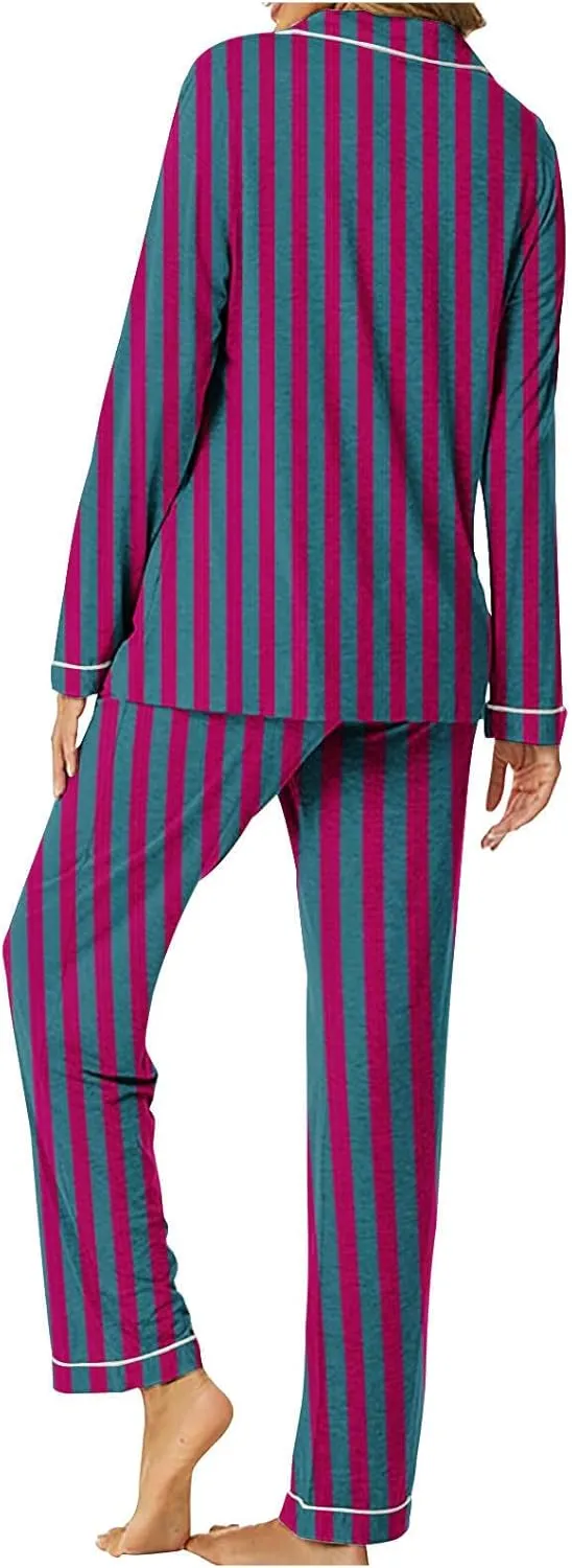 Lastesso Womens Pajama Sets Fashion Vertical Stripe Pajamas V Neck Button Shirts Wear and Soft Pants Casual 2 Piece Outfits