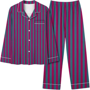 Lastesso Womens Pajama Sets Fashion Vertical Stripe Pajamas V Neck Button Shirts Wear and Soft Pants Casual 2 Piece Outfits