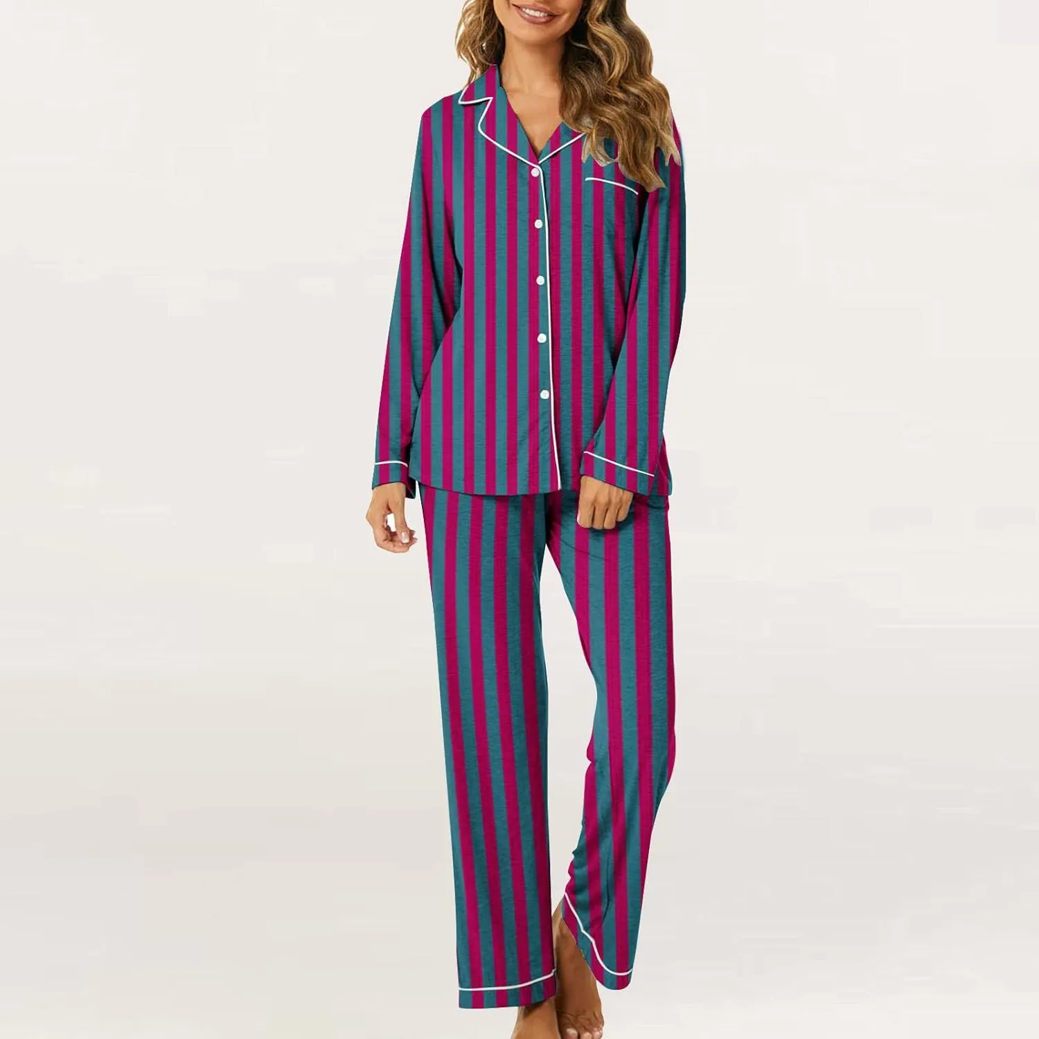 Lastesso Womens Pajama Sets Fashion Vertical Stripe Pajamas V Neck Button Shirts Wear and Soft Pants Casual 2 Piece Outfits