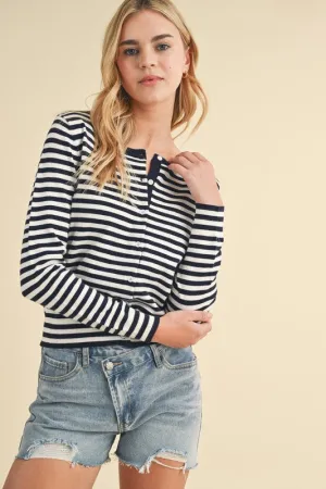 Lightweight Striped Cardigan - Navy & Cream