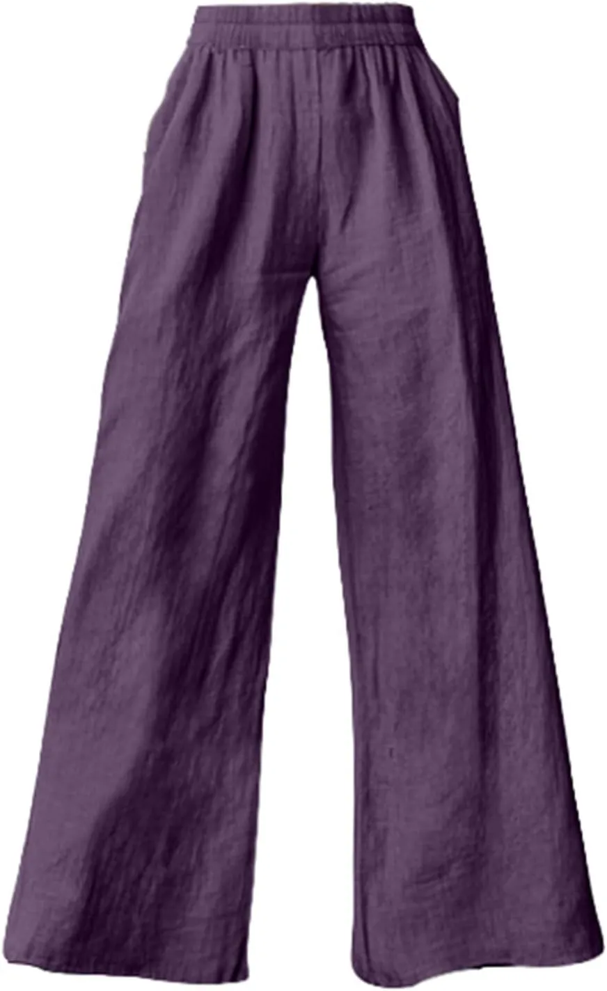 Linen Pants for Women Loose Wide Leg Elastic High Waisted Palazzo Pants Summer Casual Flowy Lounge Trousers Pockets