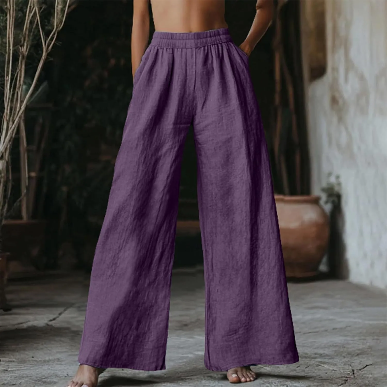 Linen Pants for Women Loose Wide Leg Elastic High Waisted Palazzo Pants Summer Casual Flowy Lounge Trousers Pockets
