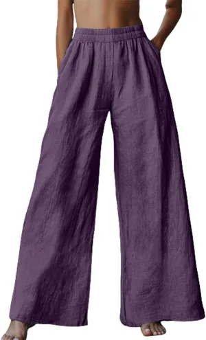 Linen Pants for Women Loose Wide Leg Elastic High Waisted Palazzo Pants Summer Casual Flowy Lounge Trousers Pockets
