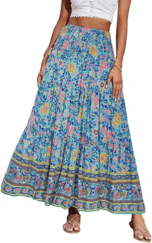 Long Boho Skirts for Women Trendy Floral Elastic High Waisted Tiered Maxi Skirt Summer Elastic A Line Beach Flowy Skirts