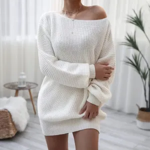 Long Sleeve Mini Sweater Dress Ladies Casual Elegant Solid Loose Warm Pullover