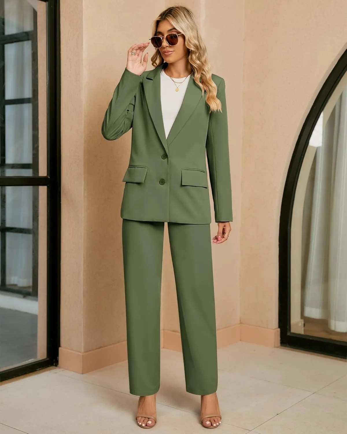 luvamia 2 Piece Outfits for Women Dressy Blazer Jackets High Waisted Straight Leg Pants Suits Set Business Casual Office