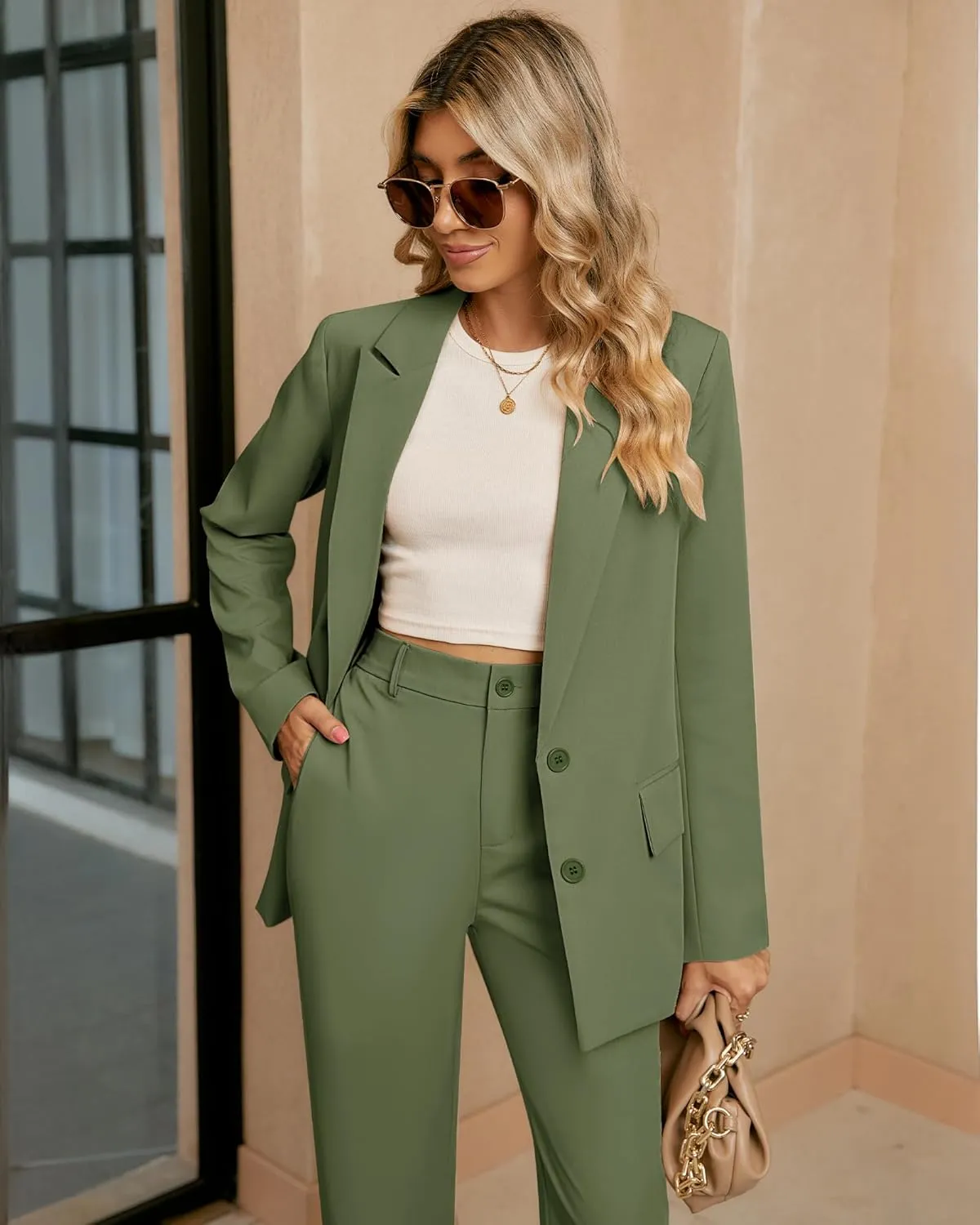 luvamia 2 Piece Outfits for Women Dressy Blazer Jackets High Waisted Straight Leg Pants Suits Set Business Casual Office