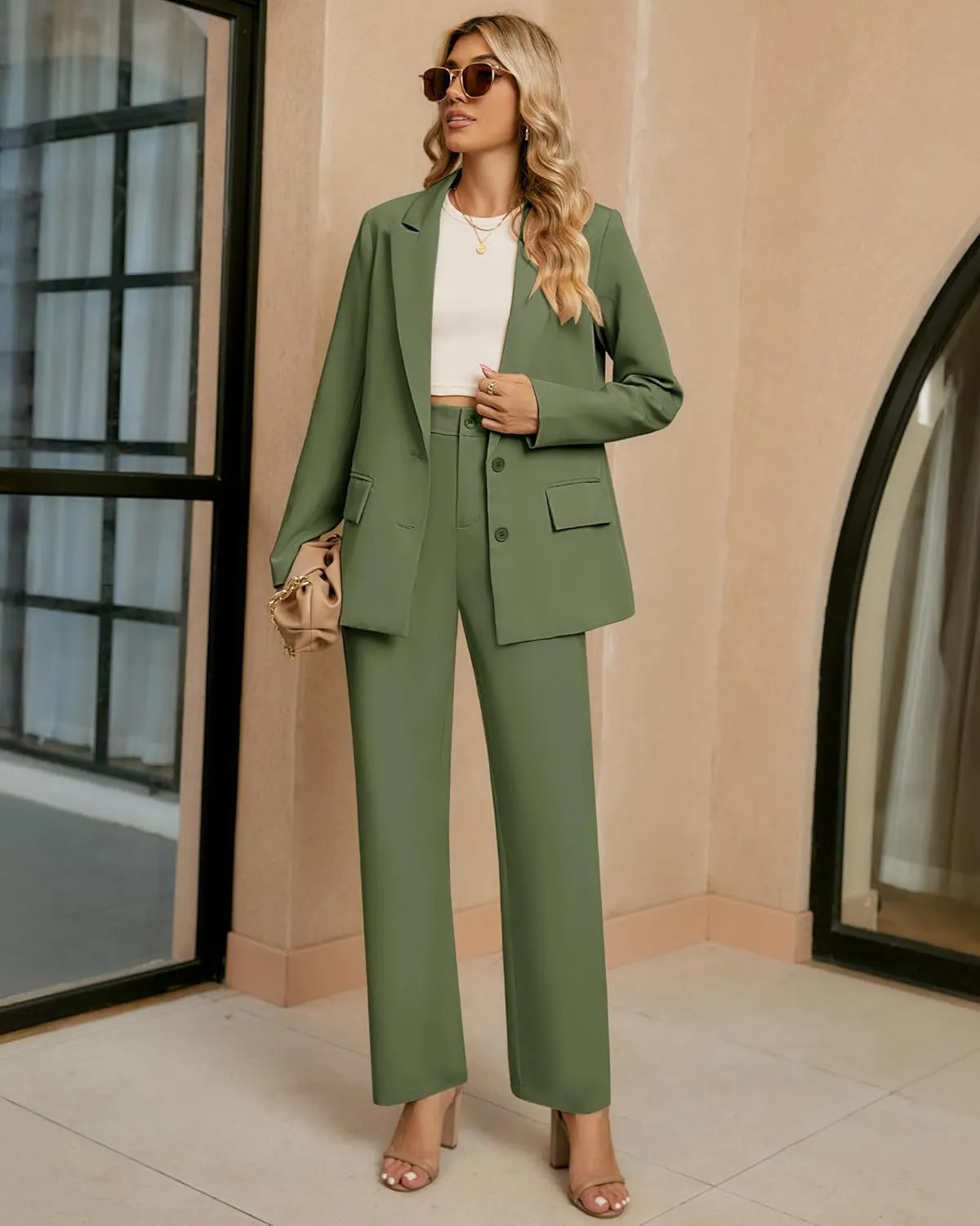 luvamia 2 Piece Outfits for Women Dressy Blazer Jackets High Waisted Straight Leg Pants Suits Set Business Casual Office
