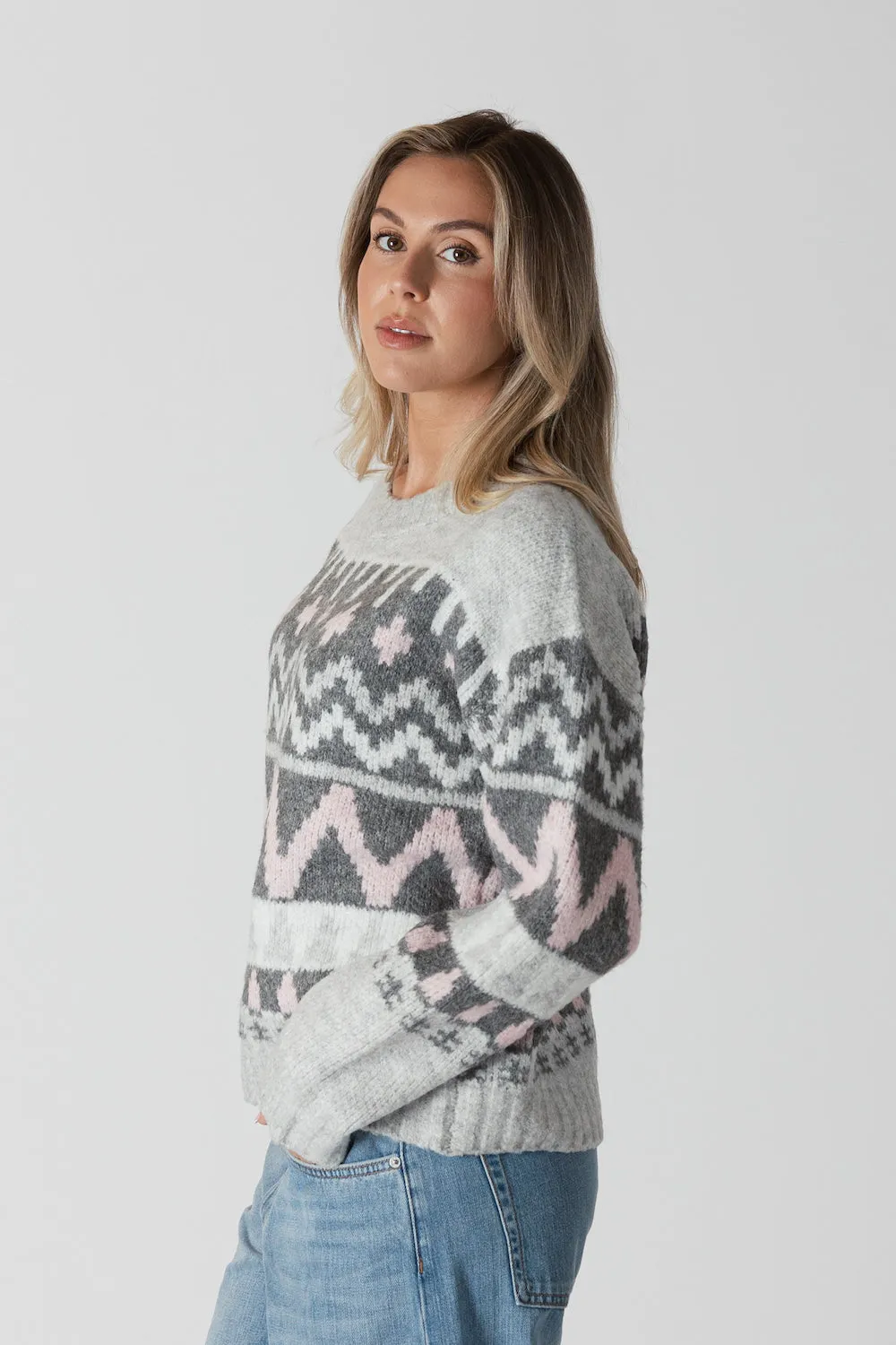 Lyla & Luxe Landen Fairisle Pullover - Grey/Pink