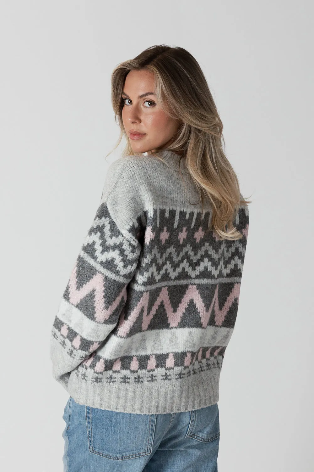Lyla & Luxe Landen Fairisle Pullover - Grey/Pink