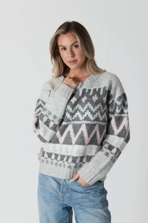 Lyla & Luxe Landen Fairisle Pullover - Grey/Pink