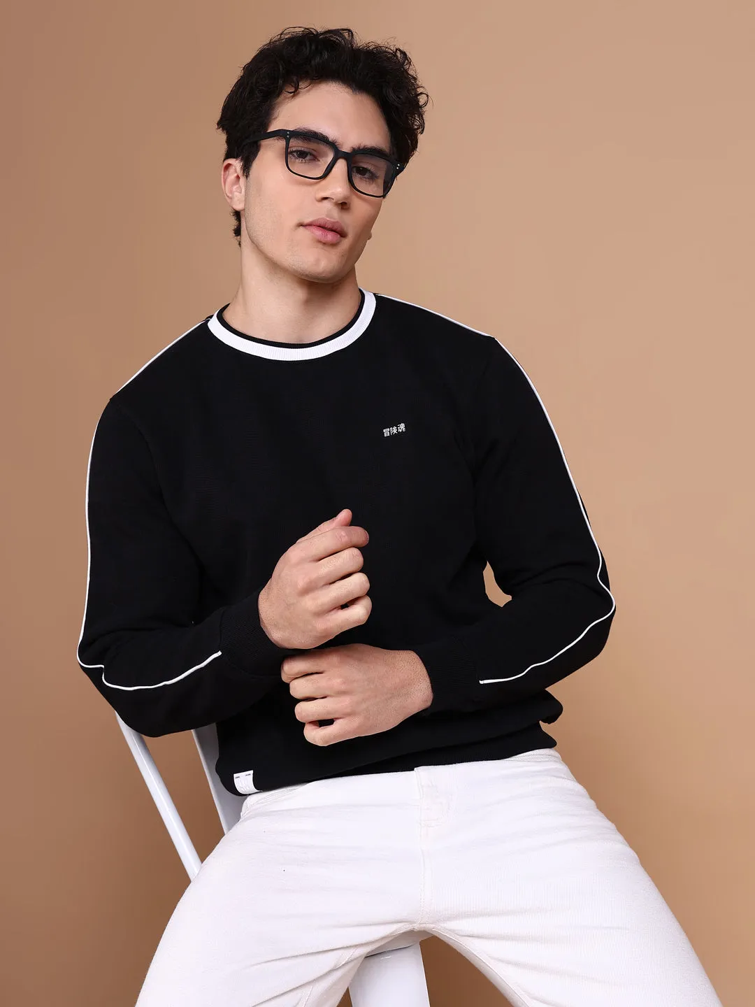 Men Black Round Neck Solid Sweatshirt