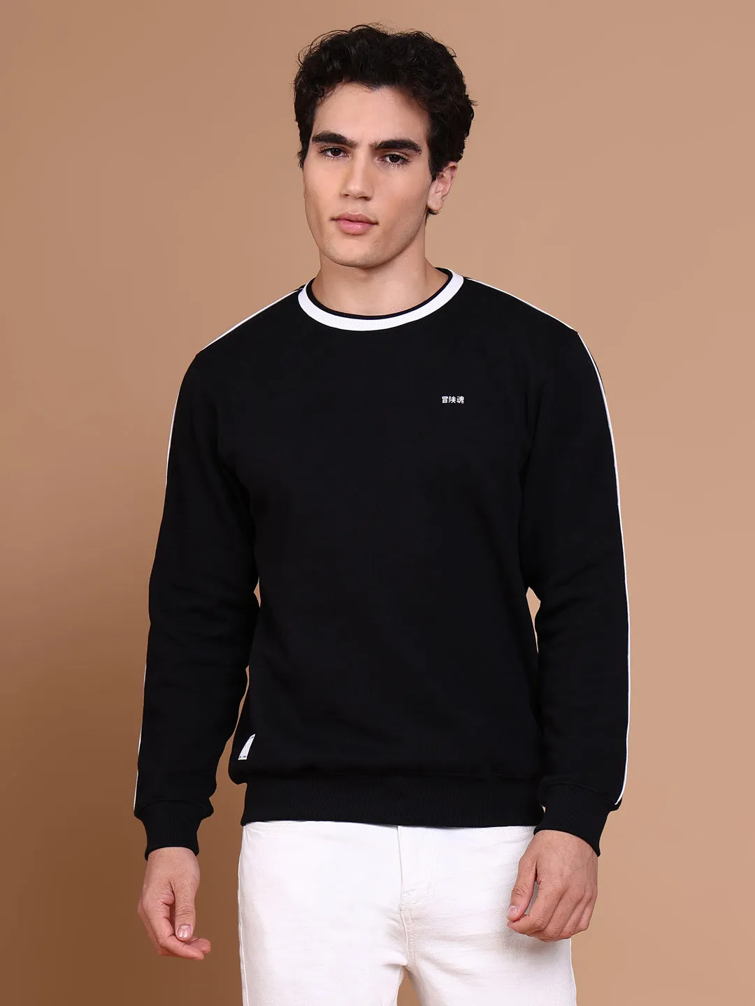 Men Black Round Neck Solid Sweatshirt