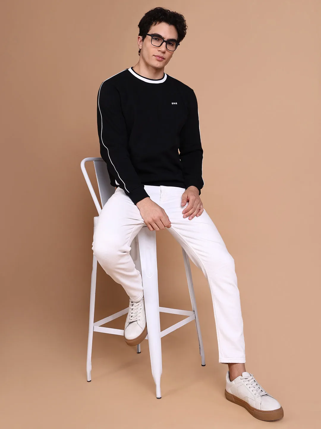 Men Black Round Neck Solid Sweatshirt