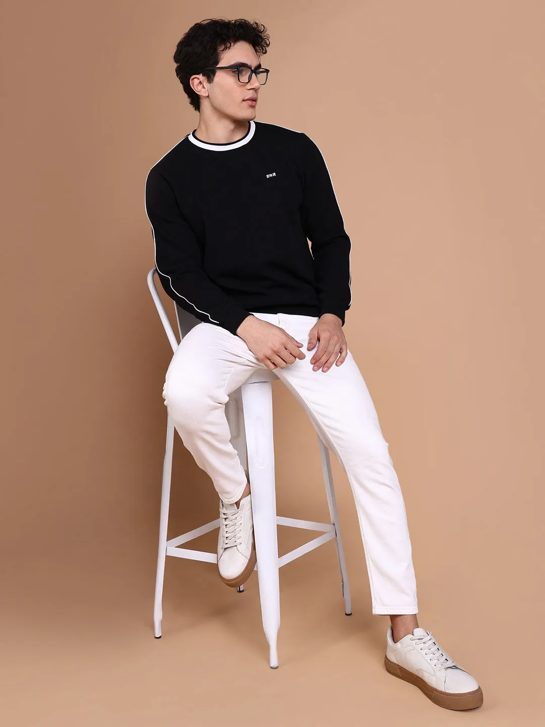 Men Black Round Neck Solid Sweatshirt
