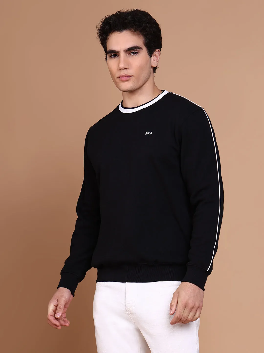 Men Black Round Neck Solid Sweatshirt
