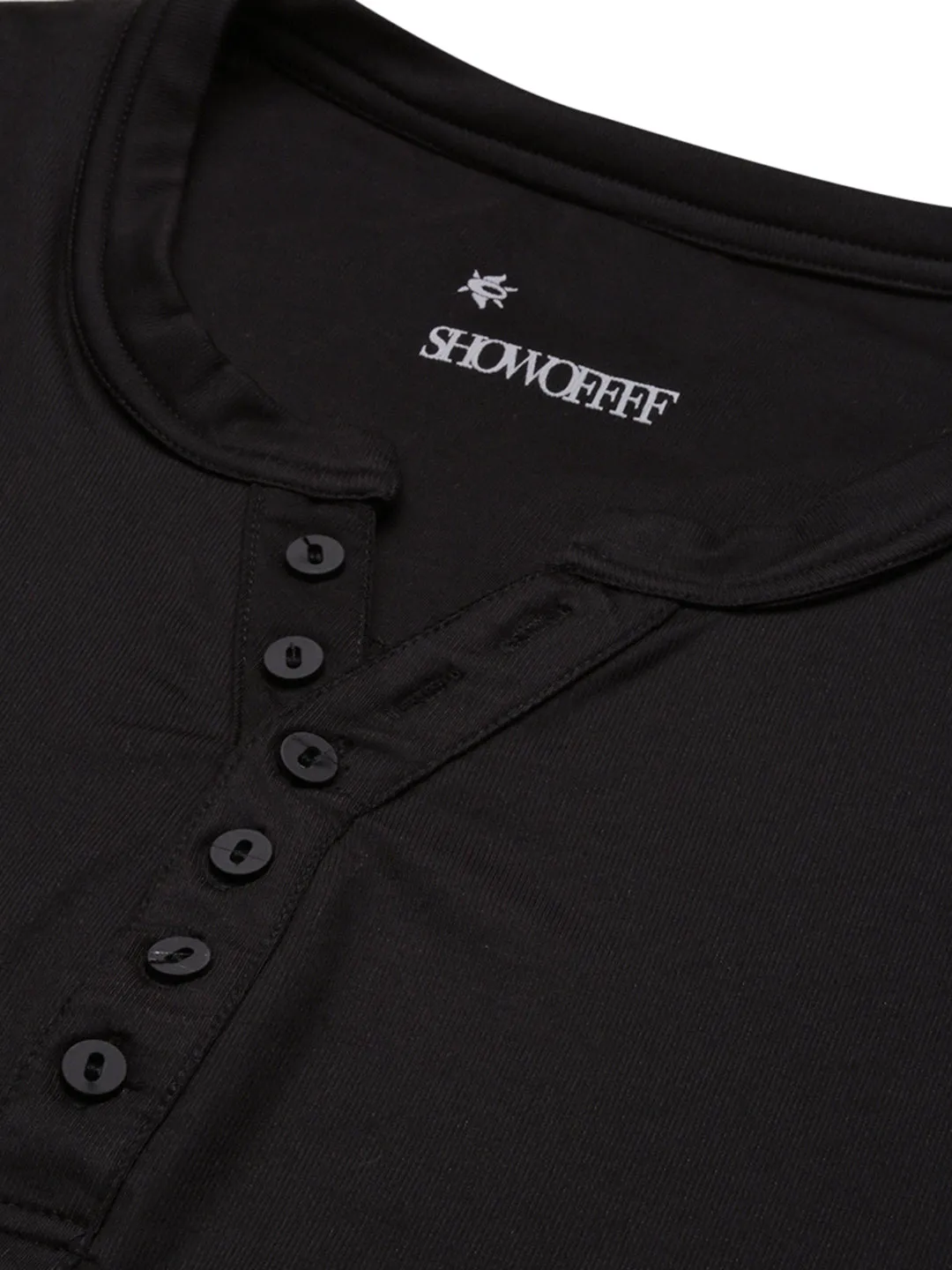 Men Black Solid Henley Neck T-Shirt