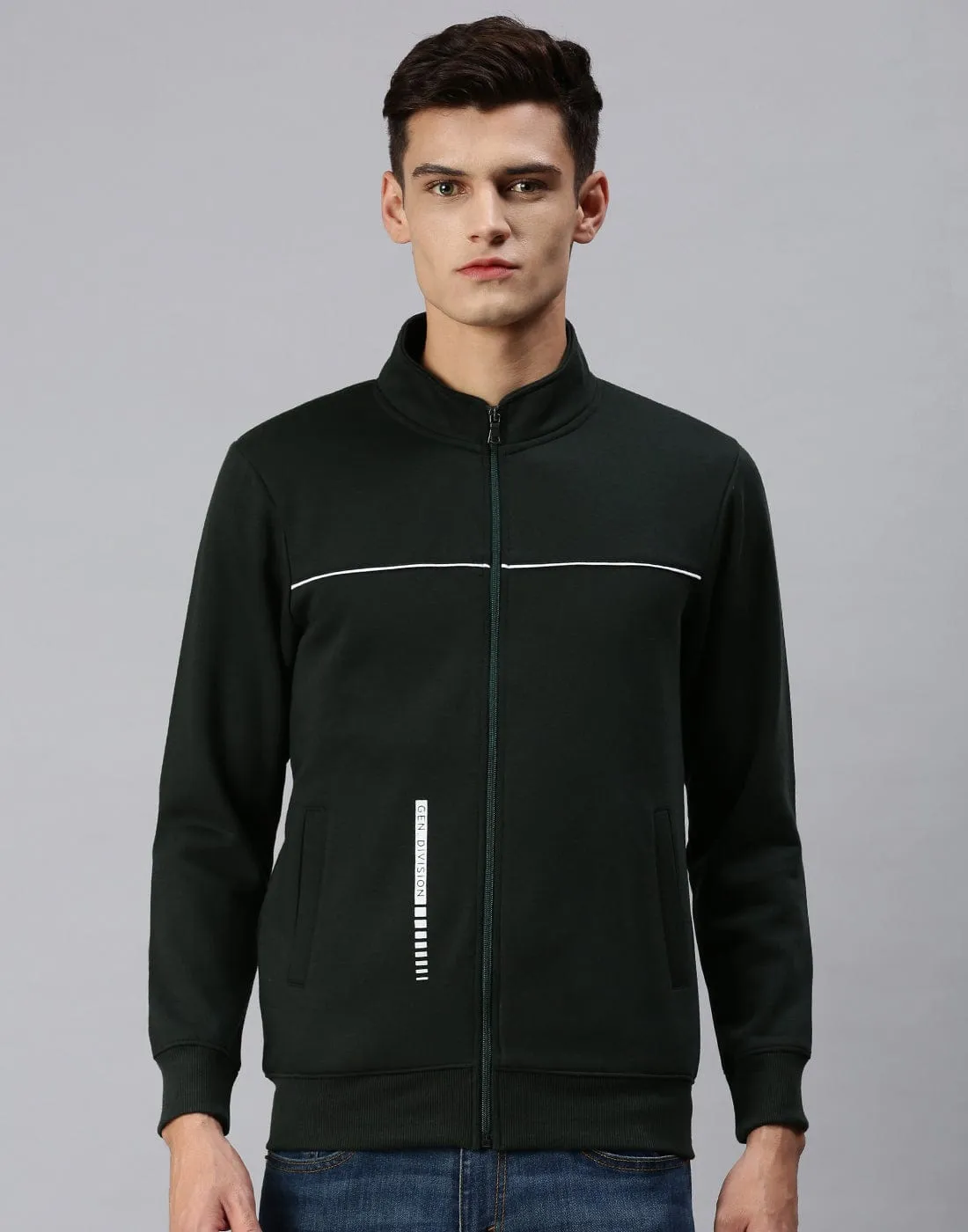 Men Green Solid Casual Sweatshirt