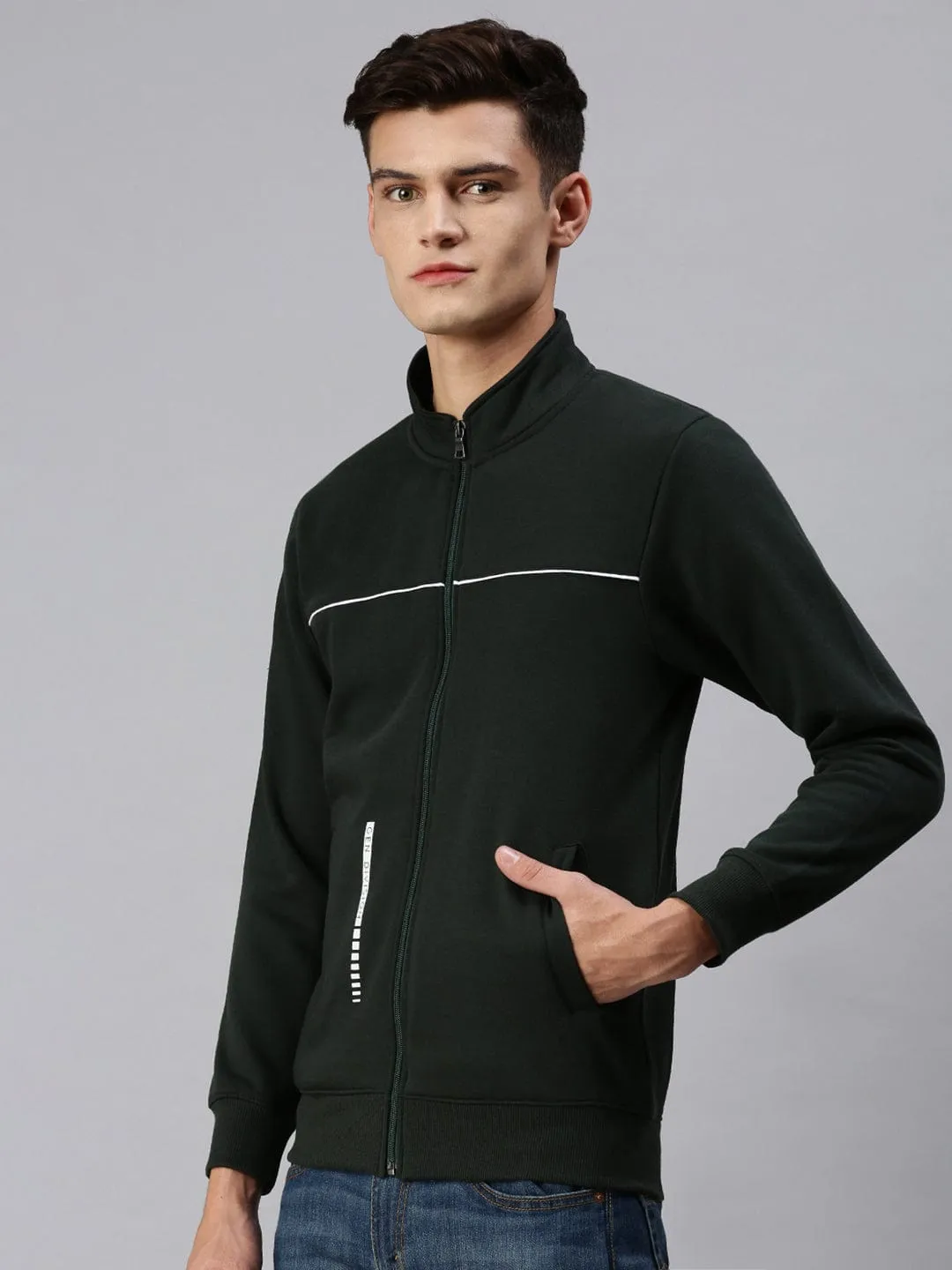 Men Green Solid Casual Sweatshirt