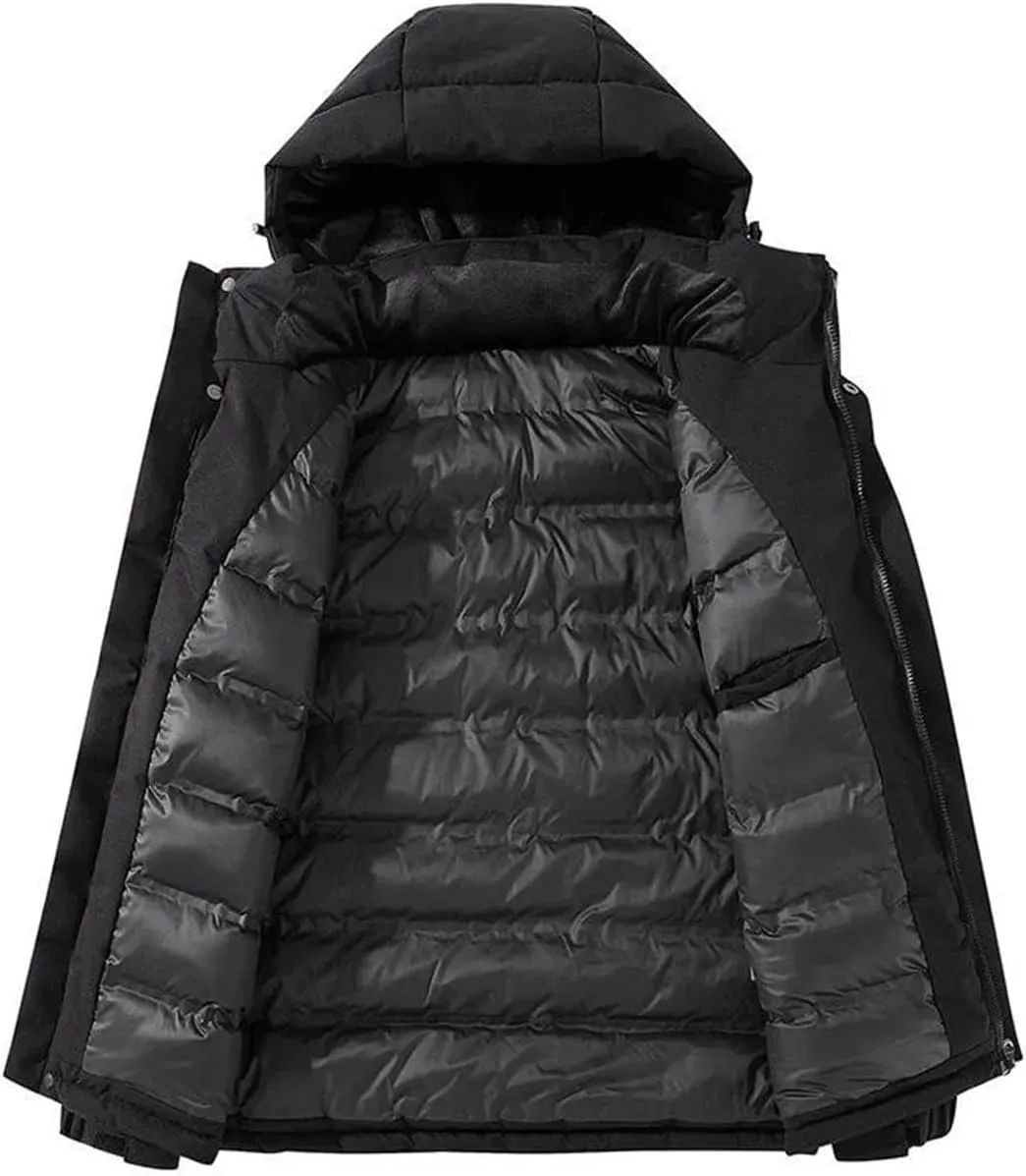 Men Hooded Stand Collar Zipper Cotton-Padded Vintage Button Pockets Solid Parka Coat
