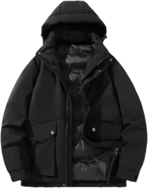 Men Hooded Stand Collar Zipper Cotton-Padded Vintage Button Pockets Solid Parka Coat