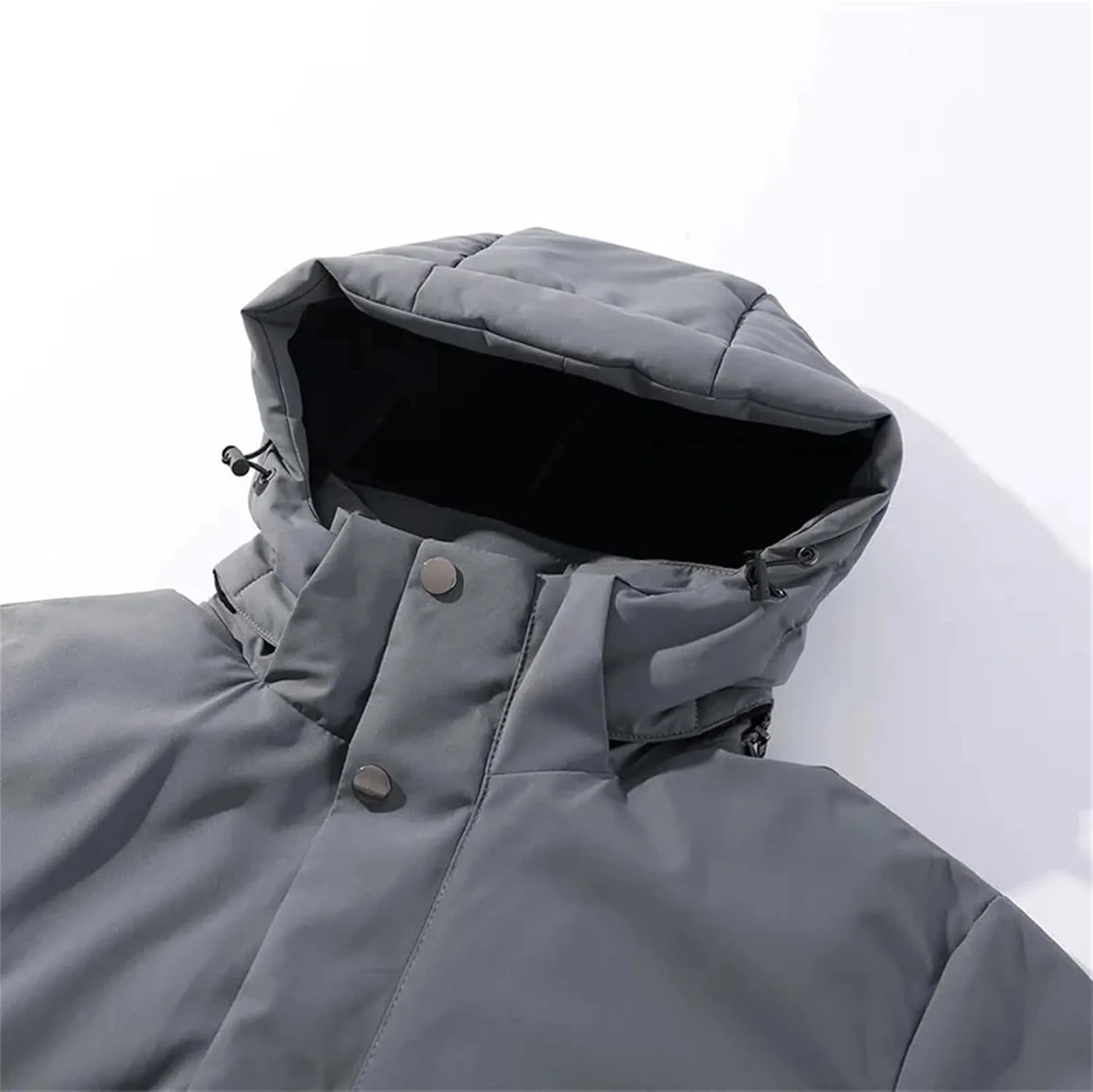 Men Hooded Stand Collar Zipper Cotton-Padded Vintage Button Pockets Solid Parka Coat